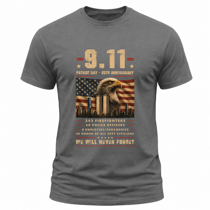 9/11 Patriot Day 25th Anniversary Never Forget First Responders Memorial T-Shirt