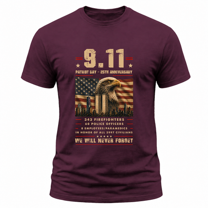 9/11 Patriot Day 25th Anniversary Never Forget First Responders Memorial T-Shirt