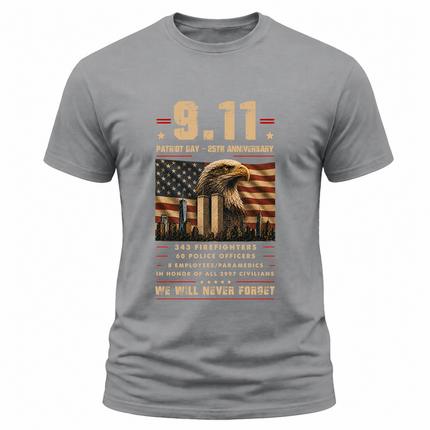 9/11 Patriot Day 25th Anniversary Never Forget First Responders Memorial T-Shirt