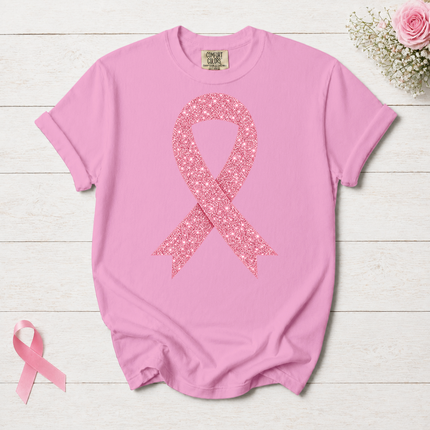 Comfort Colors Breast Cancer Awareness Glitter Pink Ribbon Support T-Shirt