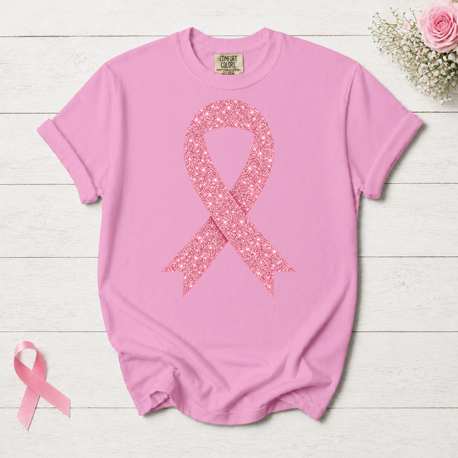 Comfort Colors Breast Cancer Awareness Glitter Pink Ribbon Support T-Shirt