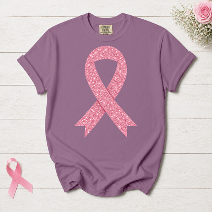 Comfort Colors Breast Cancer Awareness Glitter Pink Ribbon Support T-Shirt