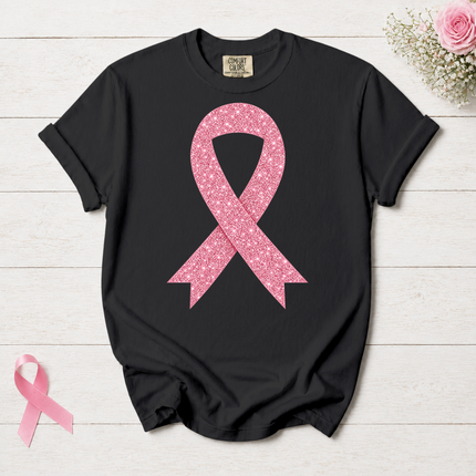 Comfort Colors Breast Cancer Awareness Glitter Pink Ribbon Support T-Shirt