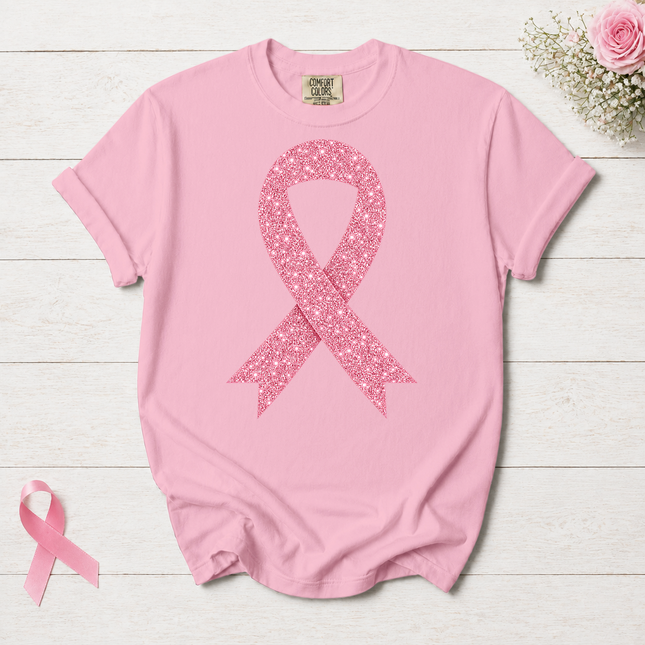 Comfort Colors Breast Cancer Awareness Glitter Pink Ribbon Support T-Shirt
