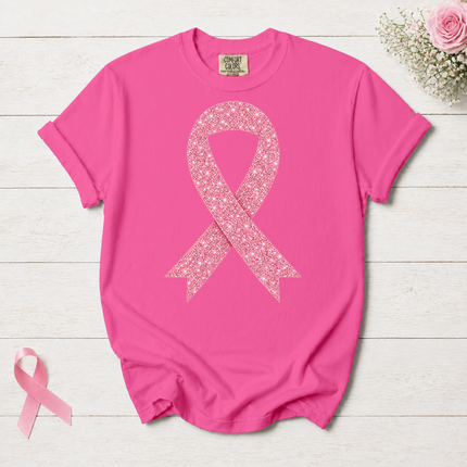 Comfort Colors Breast Cancer Awareness Glitter Pink Ribbon Support T-Shirt