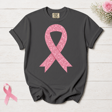 Comfort Colors Breast Cancer Awareness Glitter Pink Ribbon Support T-Shirt