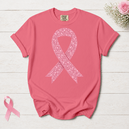 Comfort Colors Breast Cancer Awareness Glitter Pink Ribbon Support T-Shirt