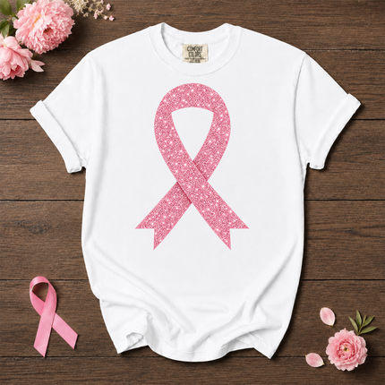 Comfort Colors Breast Cancer Awareness Glitter Pink Ribbon Support T-Shirt