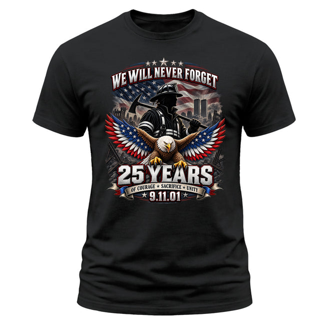 25th Anniversary Patriot Day 911 Firefighter Eagle Never Forget Memorial T-Shirt