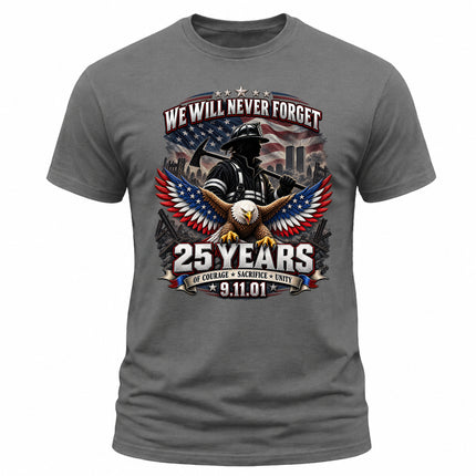 25th Anniversary Patriot Day 911 Firefighter Eagle Never Forget Memorial T-Shirt