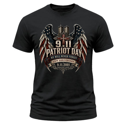 25th Anniversary Patriot Day 911 Christian Cross Never Forget Memorial T-Shirt