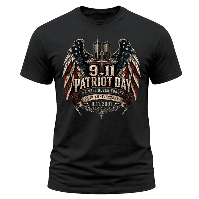 25th Anniversary Patriot Day 911 Christian Cross Never Forget Memorial T-Shirt