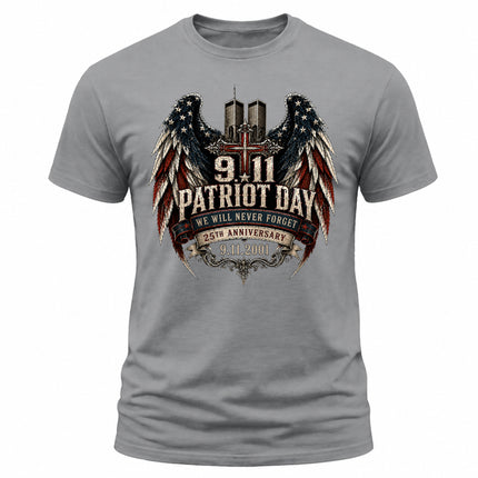 25th Anniversary Patriot Day 911 Christian Cross Never Forget Memorial T-Shirt