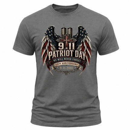 25th Anniversary Patriot Day 911 Christian Cross Never Forget Memorial T-Shirt