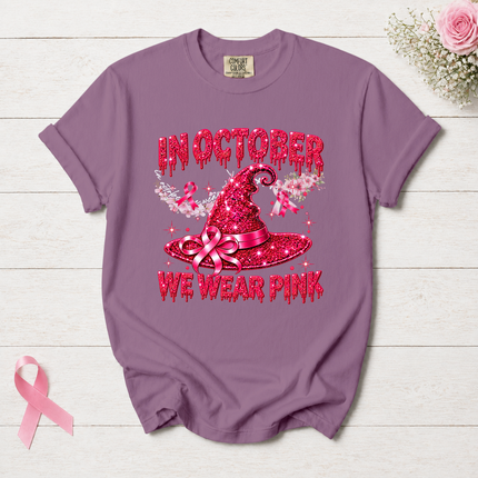 Comfort Colors Breast Cancer Awareness In October We Wear Pink Halloween Witch Hat T-Shirt