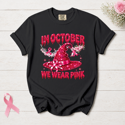 Comfort Colors Breast Cancer Awareness In October We Wear Pink Halloween Witch Hat T-Shirt