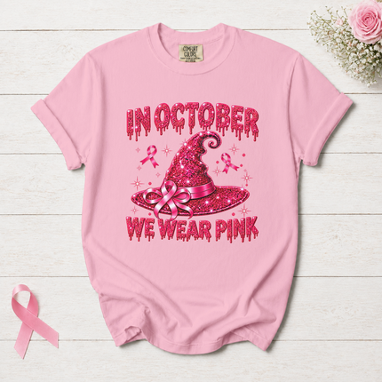 Comfort Colors Breast Cancer Awareness In October We Wear Pink Halloween Witch Hat T-Shirt