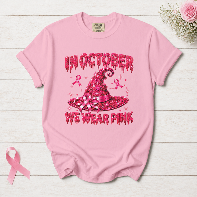 Comfort Colors Breast Cancer Awareness In October We Wear Pink Halloween Witch Hat T-Shirt