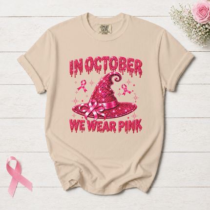 Comfort Colors Breast Cancer Awareness In October We Wear Pink Halloween Witch Hat T-Shirt