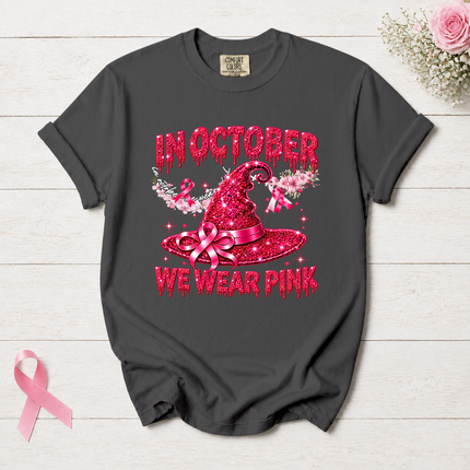 Comfort Colors Breast Cancer Awareness In October We Wear Pink Halloween Witch Hat T-Shirt