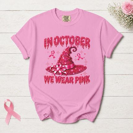 Comfort Colors Breast Cancer Awareness In October We Wear Pink Halloween Witch Hat T-Shirt