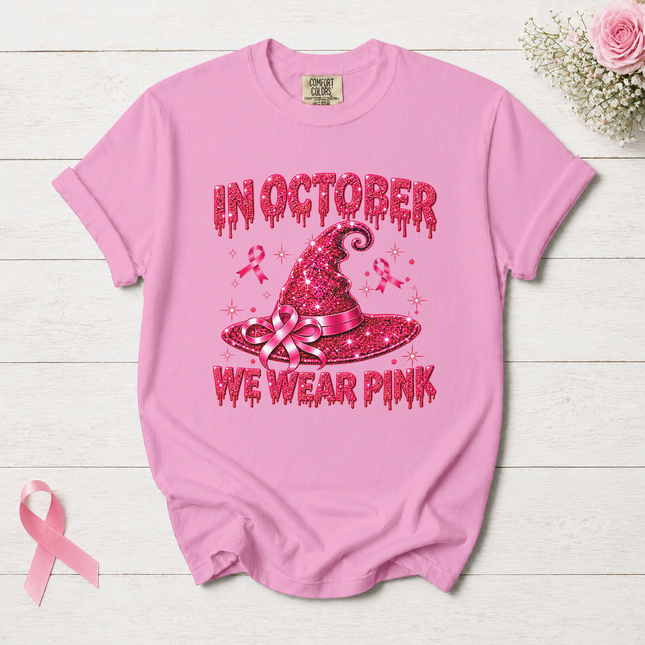 Comfort Colors Breast Cancer Awareness In October We Wear Pink Halloween Witch Hat T-Shirt