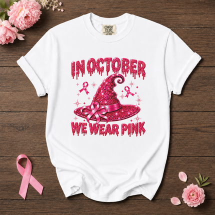 Comfort Colors Breast Cancer Awareness In October We Wear Pink Halloween Witch Hat T-Shirt