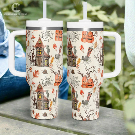 Vintage Halloween Pattern Tumbler 40oz With Handle And Straw - Halloween Gift - Charming Present