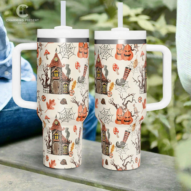 Vintage Halloween Pattern Tumbler 40oz With Handle And Straw - Halloween Gift - Charming Present