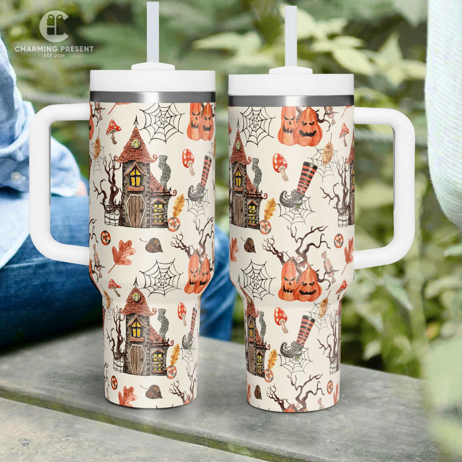 Vintage Halloween Pattern Tumbler 40oz With Handle And Straw - Halloween Gift