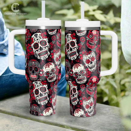 Vintage Sugar Skull Floral Tumbler 40oz With Handle And Straw - Halloween Gift - Charming Present