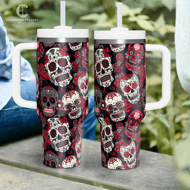 Vintage Sugar Skull Floral Tumbler 40oz With Handle And Straw - Halloween Gift - Charming Present