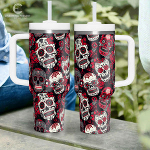 Vintage Sugar Skull Floral Tumbler 40oz With Handle And Straw - Halloween Gift