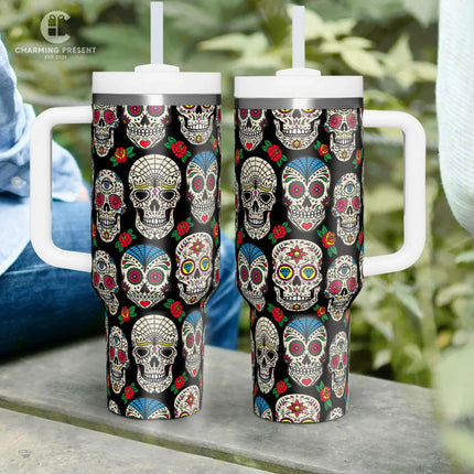 Vintage Sugar Skull Floral Tumbler 40oz With Handle And Straw - Halloween Gift 2 - Charming Present