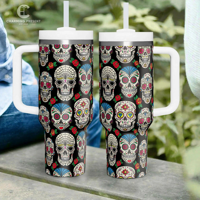 Vintage Sugar Skull Floral Tumbler 40oz With Handle And Straw - Halloween Gift 2 - Charming Present