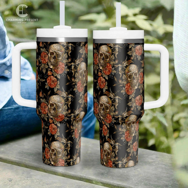 Vintage Skull and Rose Tumbler 40oz With Handle And Straw - Halloween Gift - Charming Present