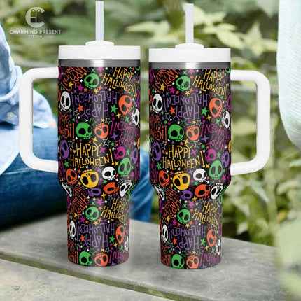 Tiny Cute Sugar Skull Tumbler 40oz With Handle And Straw - Halloween Gift - Charming Present