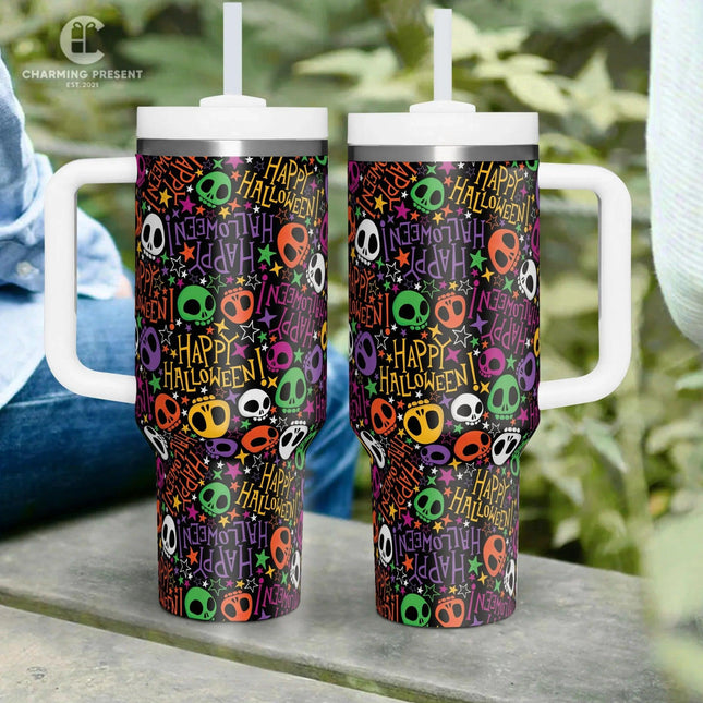 Tiny Cute Sugar Skull Tumbler 40oz With Handle And Straw - Halloween Gift - Charming Present