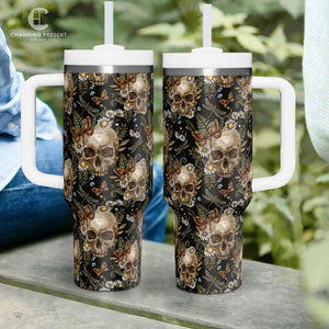 Vintage Skull With Flower Tumbler 40oz With Handle And Straw - Halloween Gift