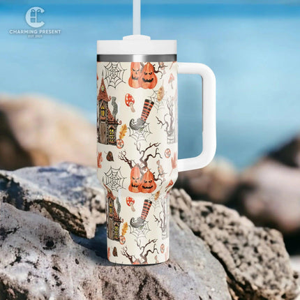 Vintage Halloween Pattern Tumbler 40oz With Handle And Straw - Halloween Gift - Charming Present