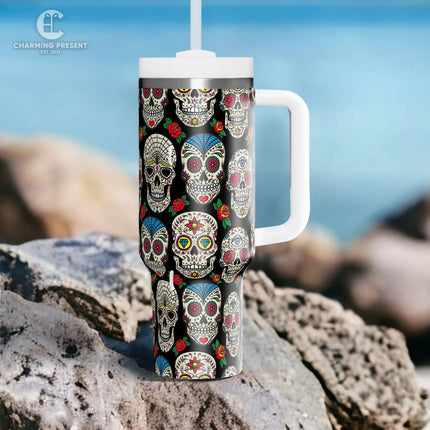 Vintage Sugar Skull Floral Tumbler 40oz With Handle And Straw - Halloween Gift 2 - Charming Present