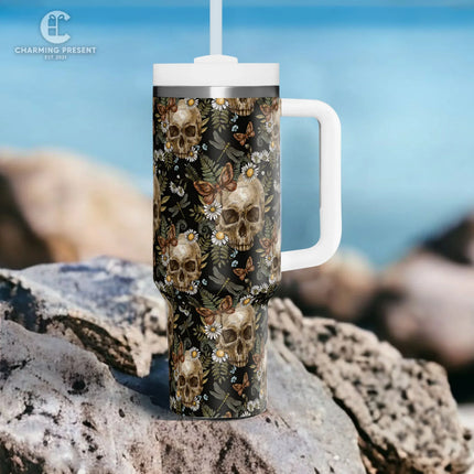 Vintage Skull With Flower Tumbler 40oz With Handle And Straw - Halloween Gift - Charming Present
