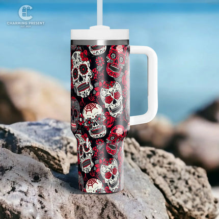 Vintage Sugar Skull Floral Tumbler 40oz With Handle And Straw - Halloween Gift - Charming Present