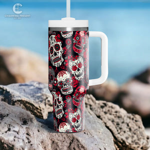 Vintage Sugar Skull Floral Tumbler 40oz With Handle And Straw - Halloween Gift