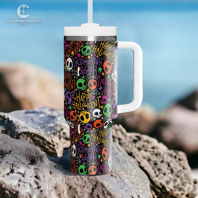 Tiny Cute Sugar Skull Tumbler 40oz With Handle And Straw - Halloween Gift - Charming Present