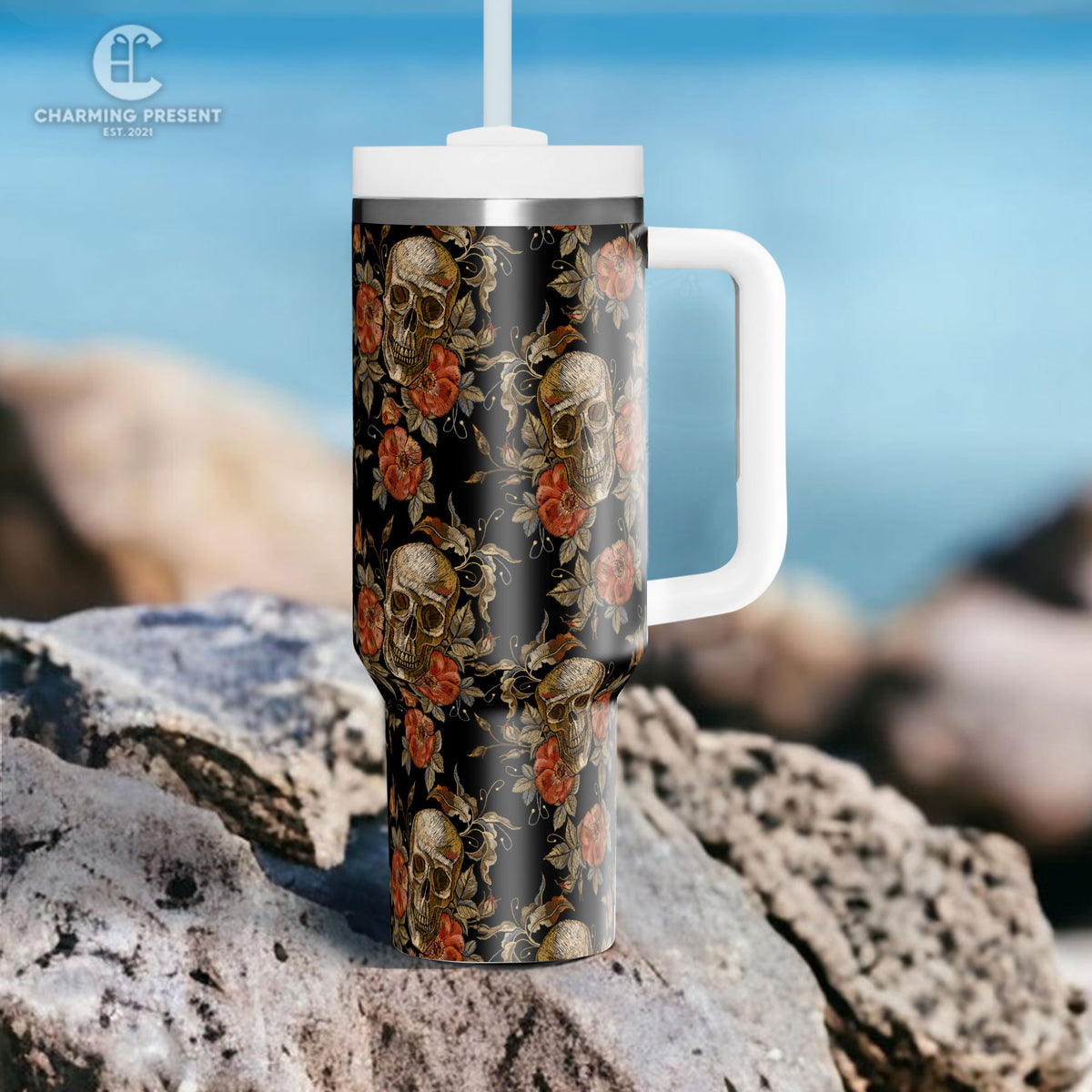 Vintage Skull and Rose Tumbler 40oz With Handle And Straw - Halloween Gift