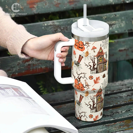 Vintage Halloween Pattern Tumbler 40oz With Handle And Straw - Halloween Gift - Charming Present