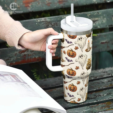 Vintage Halloween Pattern Tumbler 40oz With Handle And Straw - Halloween Gift - Charming Present