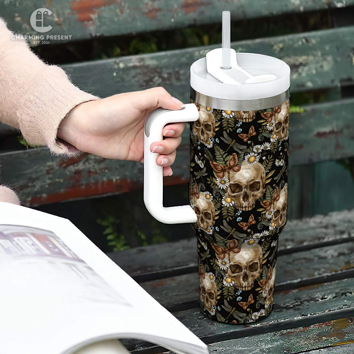 Vintage Skull With Flower Tumbler 40oz With Handle And Straw - Halloween Gift