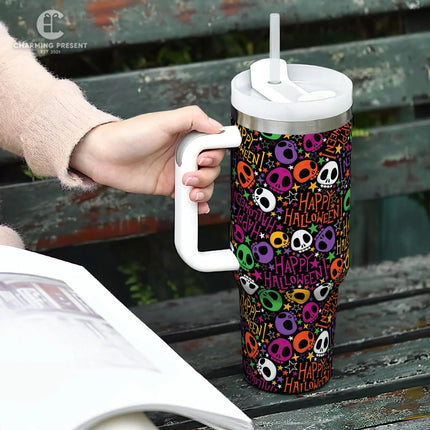 Tiny Cute Sugar Skull Tumbler 40oz With Handle And Straw - Halloween Gift - Charming Present